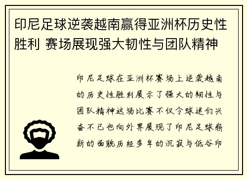 印尼足球逆袭越南赢得亚洲杯历史性胜利 赛场展现强大韧性与团队精神